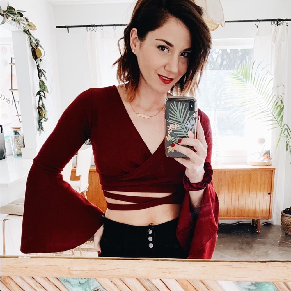 Maroon red bell sleeve wrap blouse crop waist tie